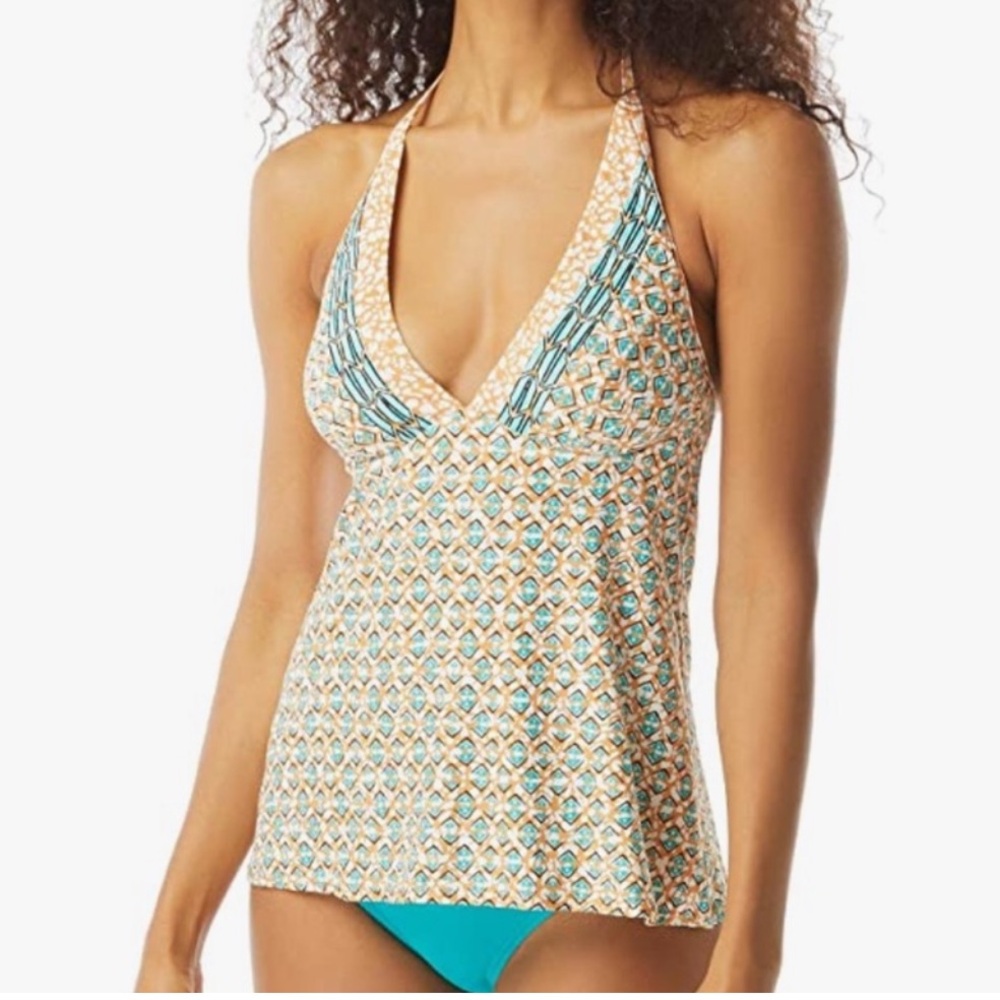 NWT Coco Reef Bliss White, Blue & Yellow Tropical Wicker Print Halter Bikini Top